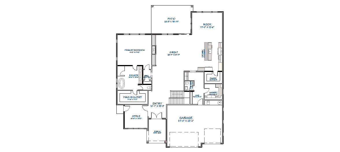 Main floor plan showing open concept great room and kitchen, primary bedroom suite with ensuite and walk-in closet, home office, powder room, and 3-car garage