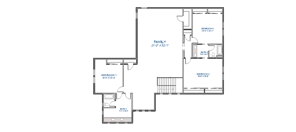 Second floor plan featuring large family room, three secondary bedrooms, and two full bathrooms connected by central hallway with staircase