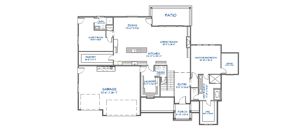 Main floor plan featuring open concept great room and kitchen, dining area, master bedroom with office, guest room, three-car garage, laundry room, and patio access