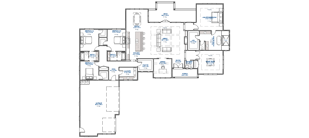 Detailed floor plan of single-story ranch home showing open concept great room and kitchen, primary bedroom suite, three secondary bedrooms, 3.5 bathrooms, office, mudroom, laundry, pantry, covered deck, and 3-car garage layout