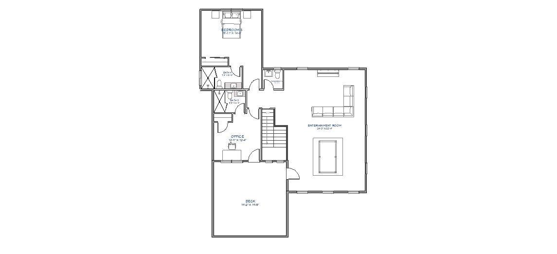 Upper floor plan featuring spacious entertainment room, three bedrooms, two bathrooms, office space, and access to rooftop deck with outdoor living area
