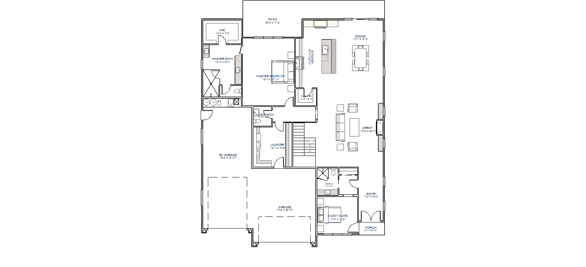 Main floor plan showing open concept great room, gourmet kitchen with pantry, primary bedroom suite with ensuite bath, additional bedroom, laundry room, 3-car garage, and RV garage space