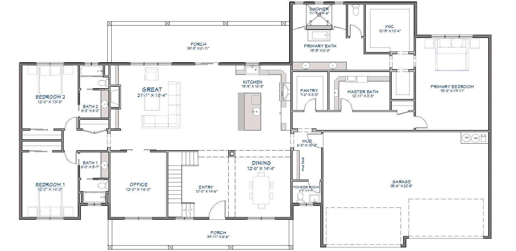 Main floor plan showing open concept great room and kitchen, master suite with ensuite bath, two secondary bedrooms, office, dining room, and four-car garage