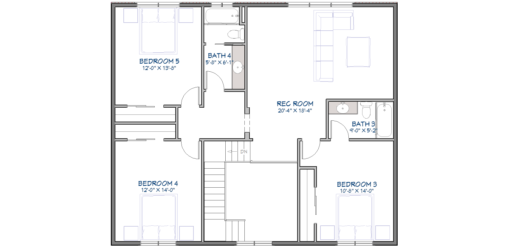 Upper level floor plan featuring three bedrooms, two full bathrooms, and large recreation room for family entertainment and activities