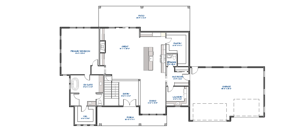 Main floor plan showing primary suite with ensuite and walk-in closet, open great room and kitchen, dining area, mud room, laundry, pantry, and garage with patio access
