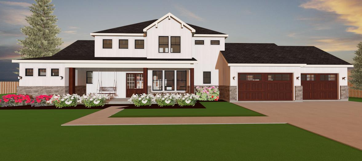 Two-story modern farmhouse exterior with mixed siding materials, stone wainscoting and large garage featuring contemporary architectural details