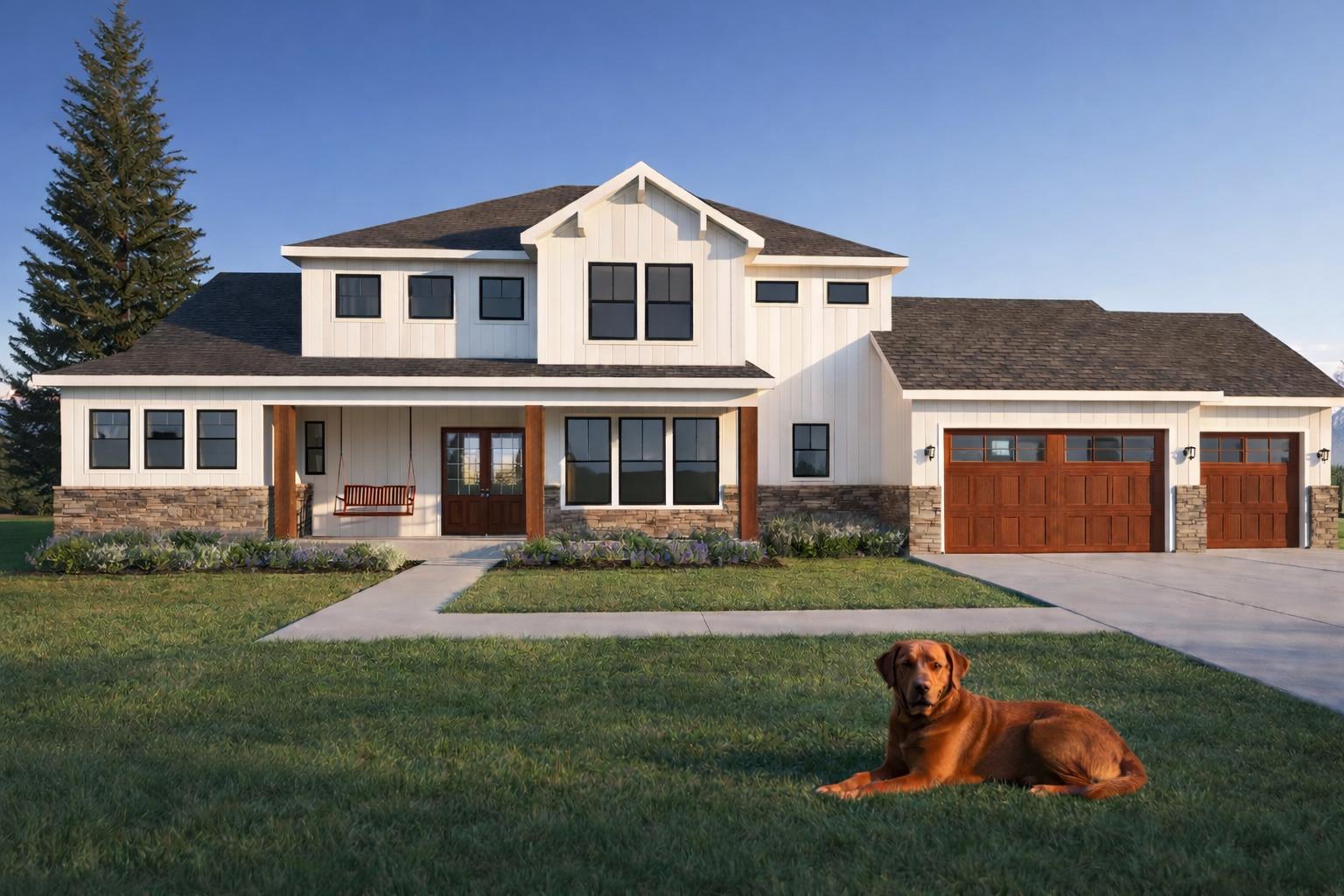 Two-story modern farmhouse exterior with mixed siding materials, stone wainscoting and large garage featuring contemporary architectural details