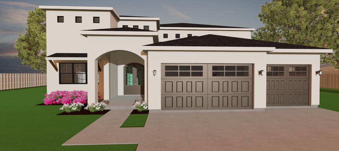 Contemporary single-story home exterior rendering with white stucco walls, dark trim, arched entry, large windows and attached three-car garage