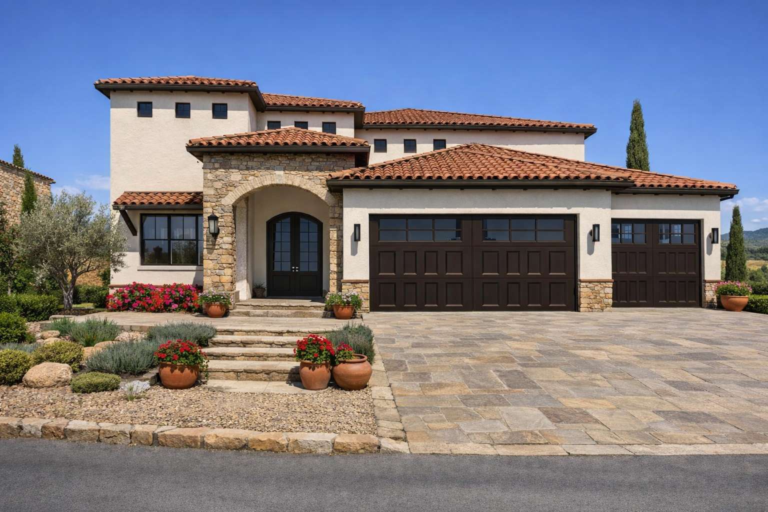 Contemporary single-story home exterior rendering with white stucco walls, dark trim, arched entry, large windows and attached three-car garage
