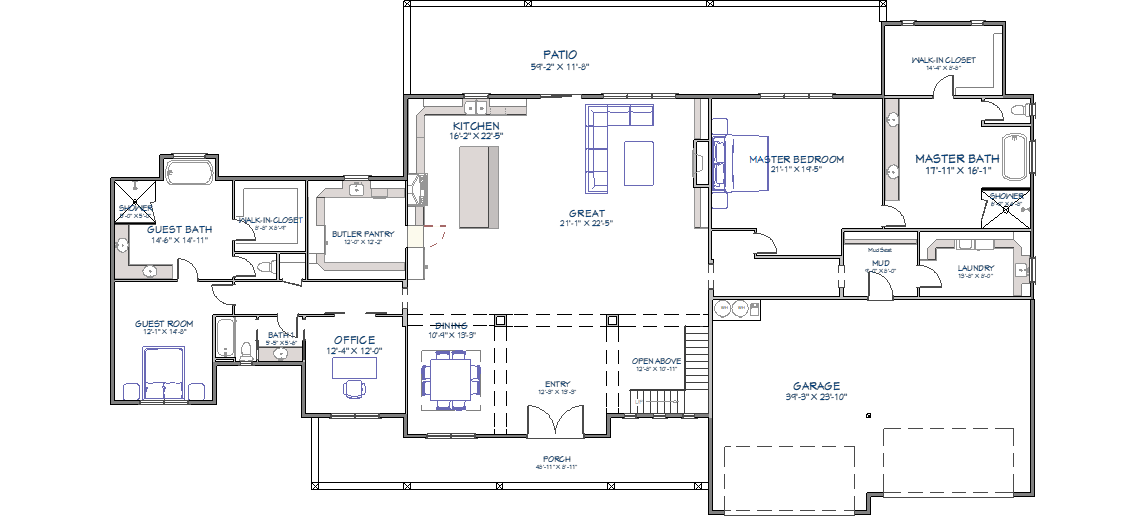 Main floor plan showing open concept kitchen, great room, dining area, master bedroom suite, guest room, office and four-car garage layout