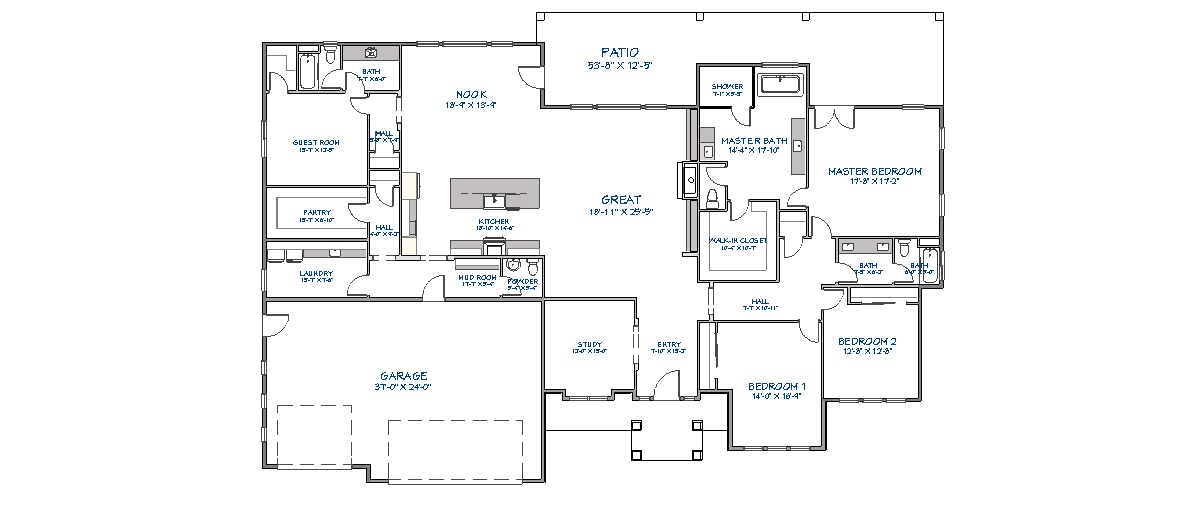 Single-story luxury floor plan showing master suite, 3 bedrooms, guest room, open great room and kitchen, mud room, laundry, pantry, and large patio for entertaining