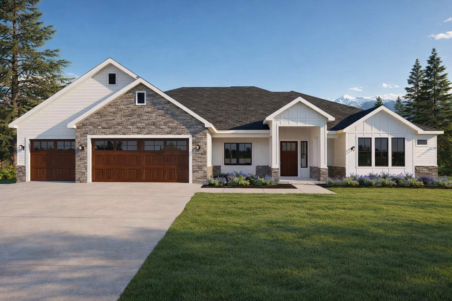 Luxury ranch house exterior with mixed stone and siding materials, multiple gabled rooflines, covered entry porch, and large 3-car garage showcasing contemporary ranch architecture