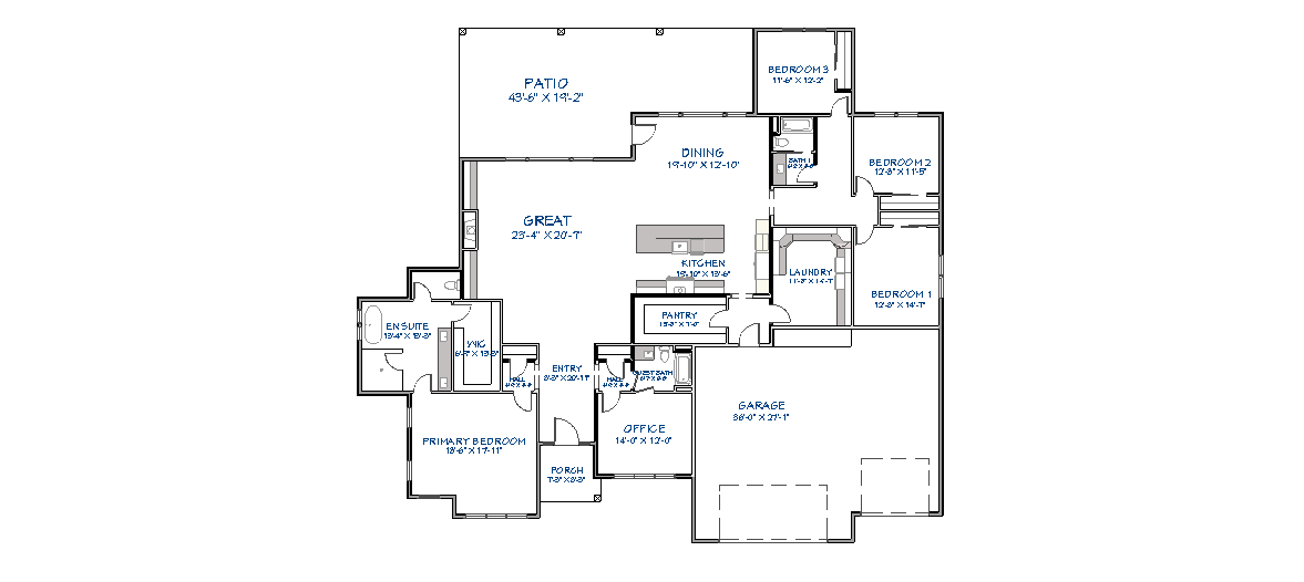 Single-story floor plan showing 4 bedrooms, primary suite with walk-in closet, home office, open great room and kitchen, dining area, pantry, laundry, and large garage
