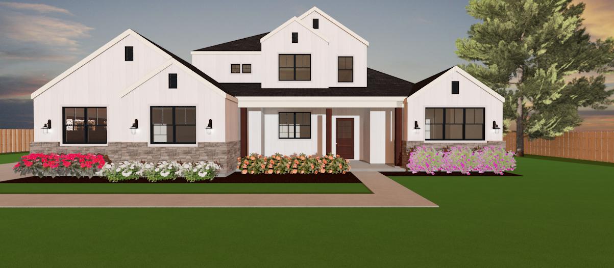 Modern farmhouse exterior rendering featuring white siding, natural stone accents, dark roof, front porch with columns, and multiple gable design