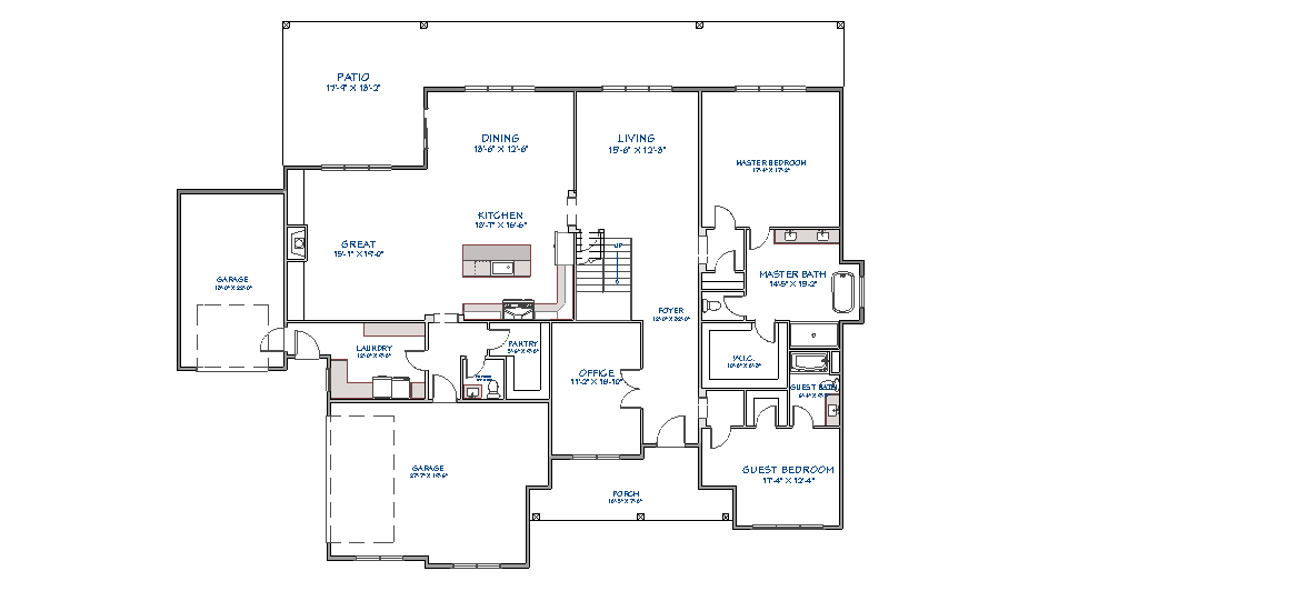 Detailed floor plan showing open concept main level with master bedroom, great room, kitchen, dining area, office, guest bedroom, and attached garage