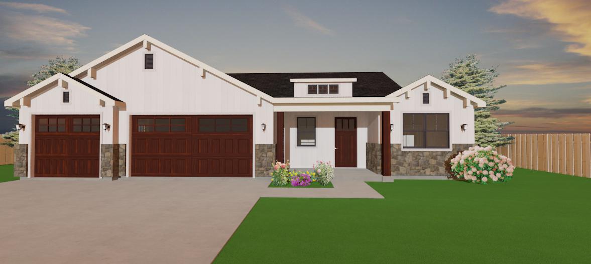 Modern ranch house exterior with stone and wood siding, covered front porch, large garage, and gabled rooflines showcasing craftsman-inspired architectural details