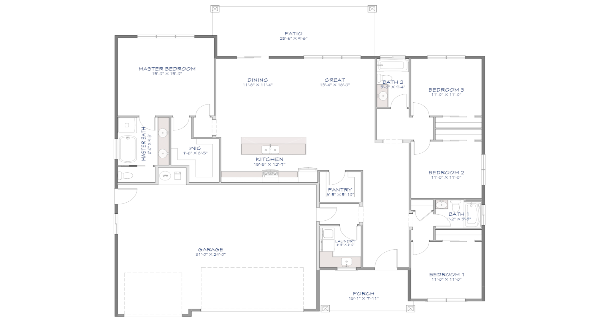 Single-story floor plan showing 3 bedrooms, 2 bathrooms, open great room and kitchen, master suite with walk-in closet, pantry, laundry room, and large garage layout