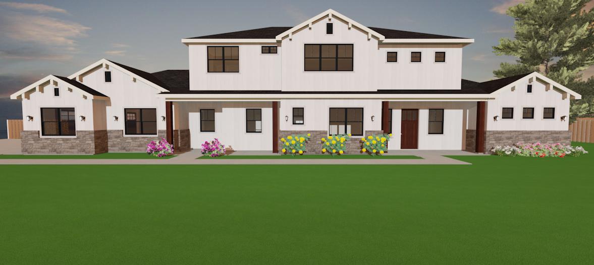 Two-story modern farmhouse exterior featuring gabled rooflines, mixed siding and stone materials, covered porches, and contemporary farmhouse architectural details