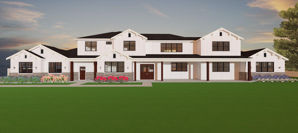 Modern farmhouse exterior rendering with white siding, multiple gabled rooflines, stone foundation accents, large windows and covered entry porches