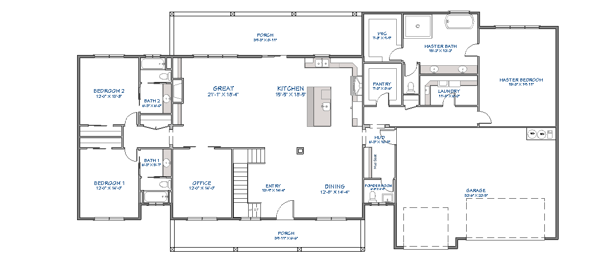 Main floor plan showing open concept great room and kitchen, master bedroom suite, home office, two additional bedrooms, and three-car garage