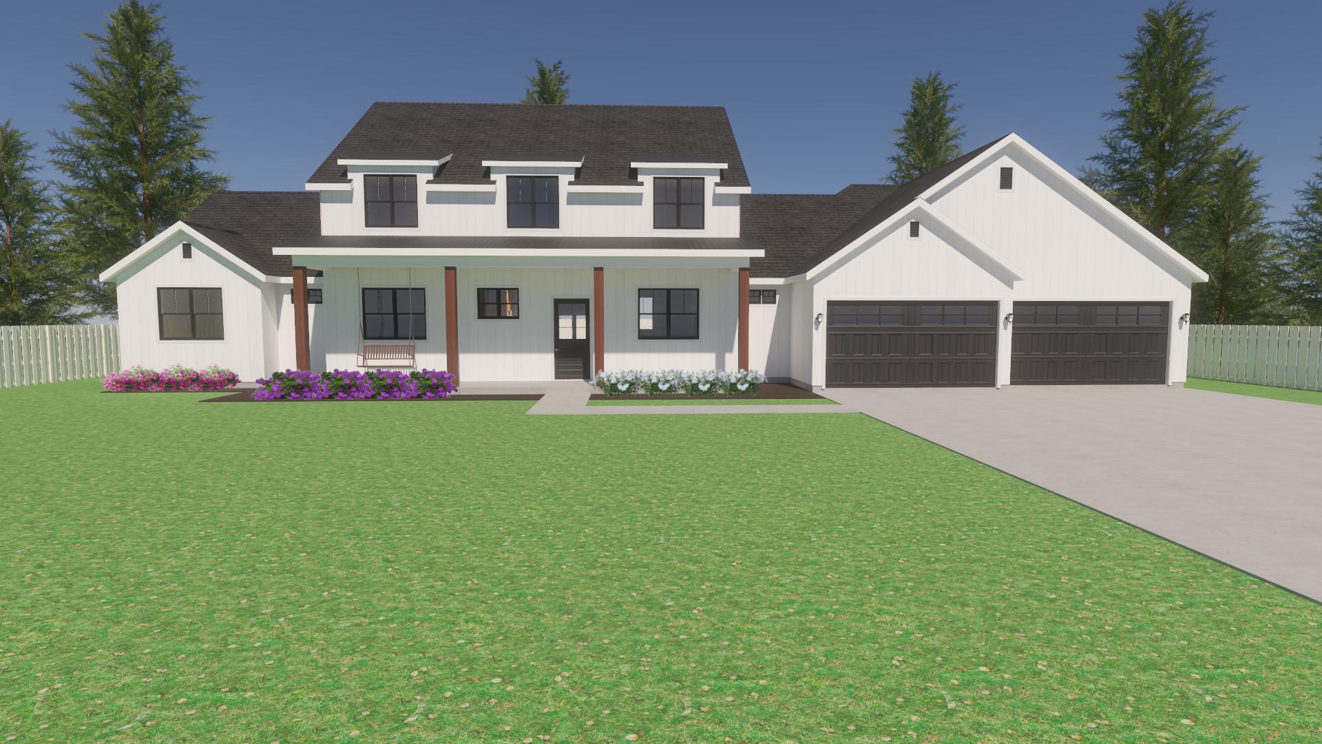 Modern farmhouse home exterior with dormer windows, covered front porch, and Four-car garage
