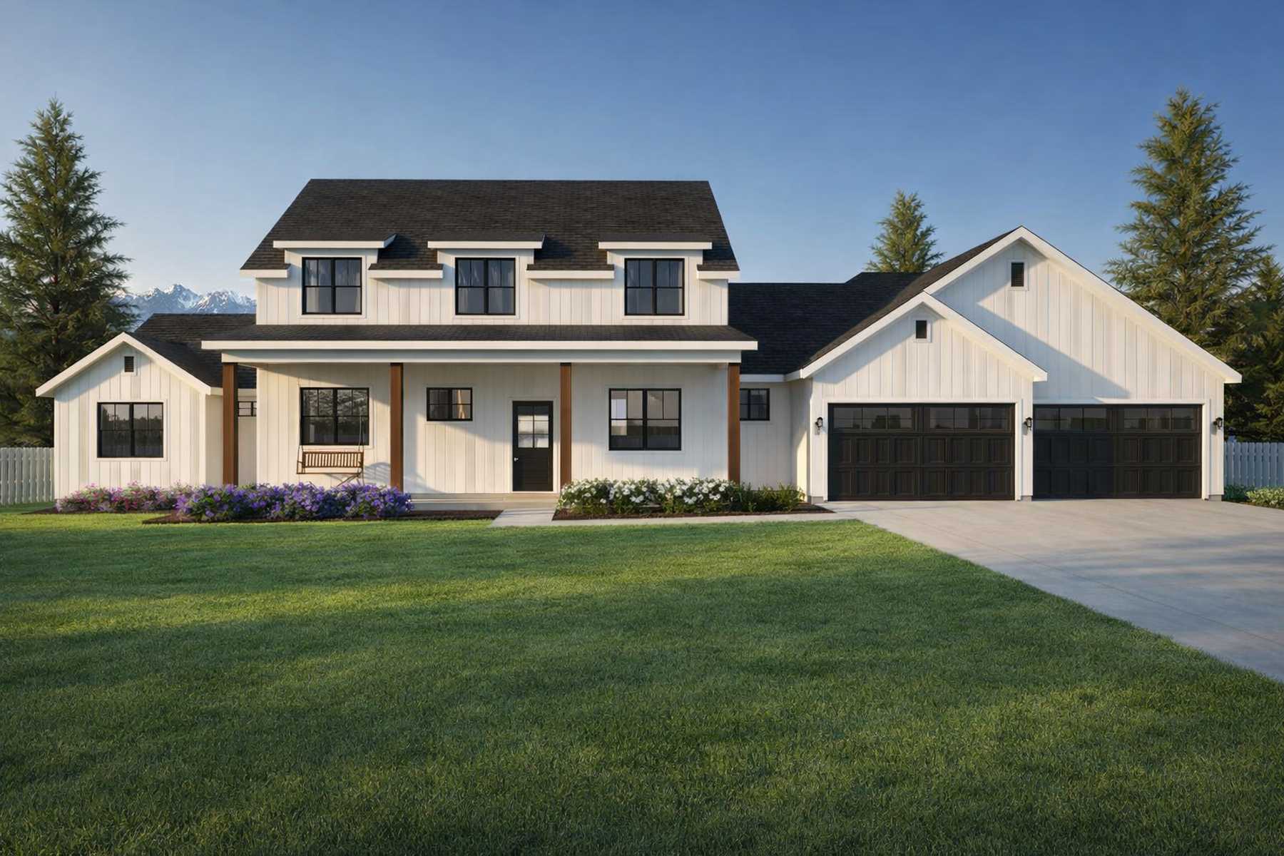 Modern farmhouse home exterior with dormer windows, covered front porch, and Four-car garage