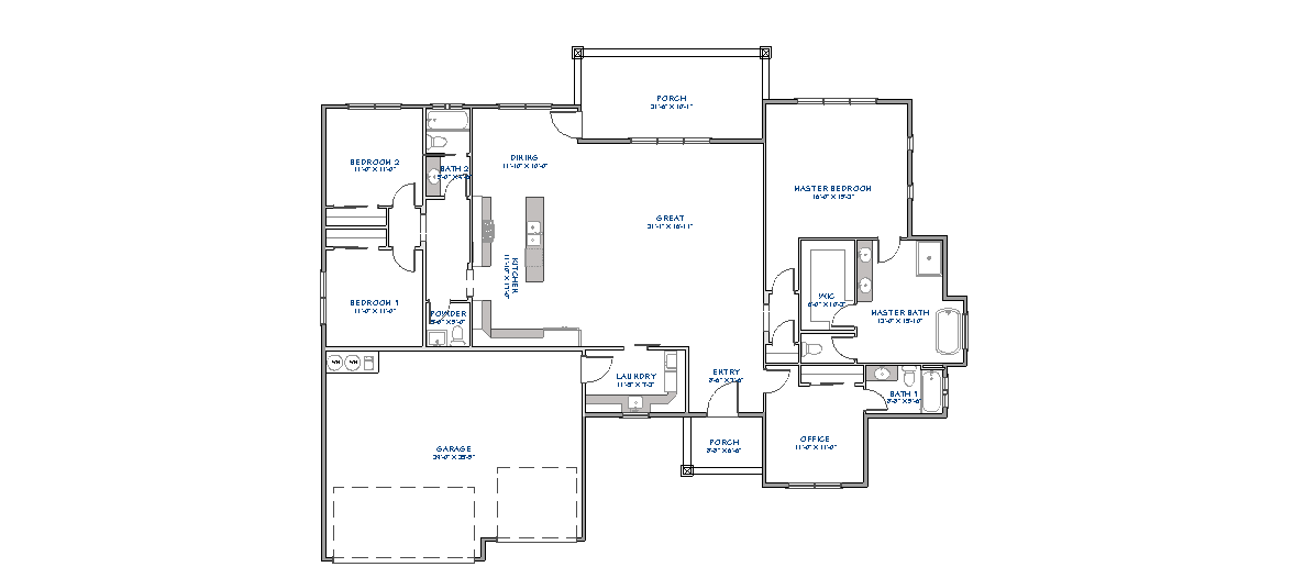 Single story floor plan showing open concept great room, kitchen with pantry, master bedroom suite, 3 additional bedrooms, home office, laundry room, and 3-car garage layout