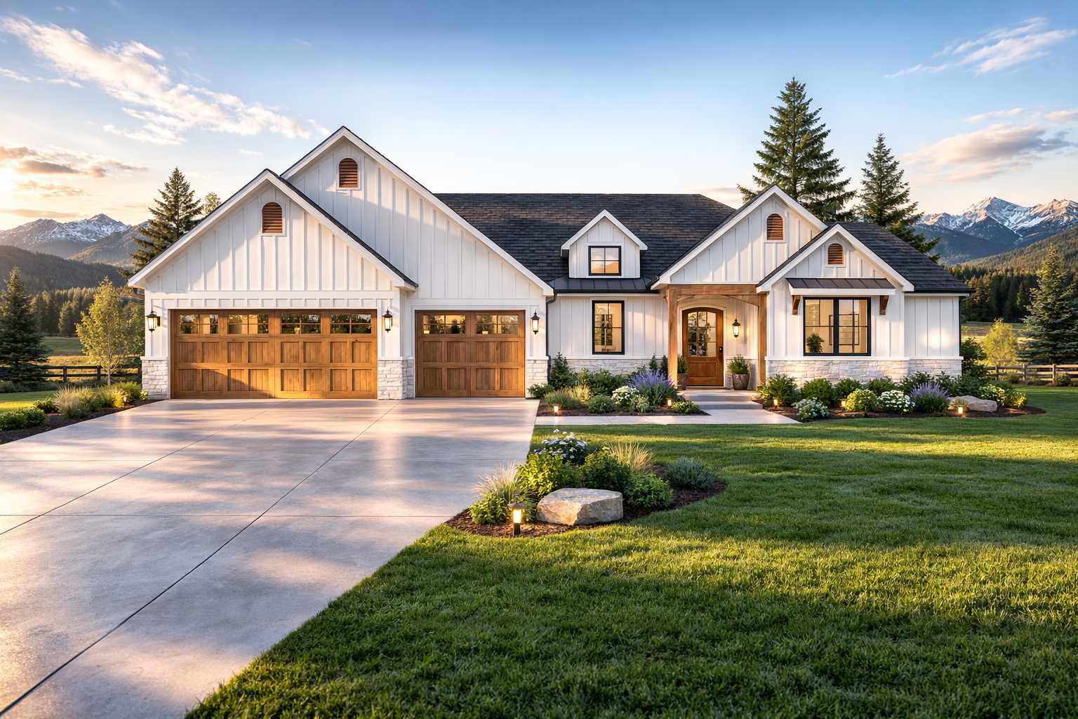 Modern traditional single story ranch home with multiple gabled rooflines, covered front porch entry, and spacious 3-car garage