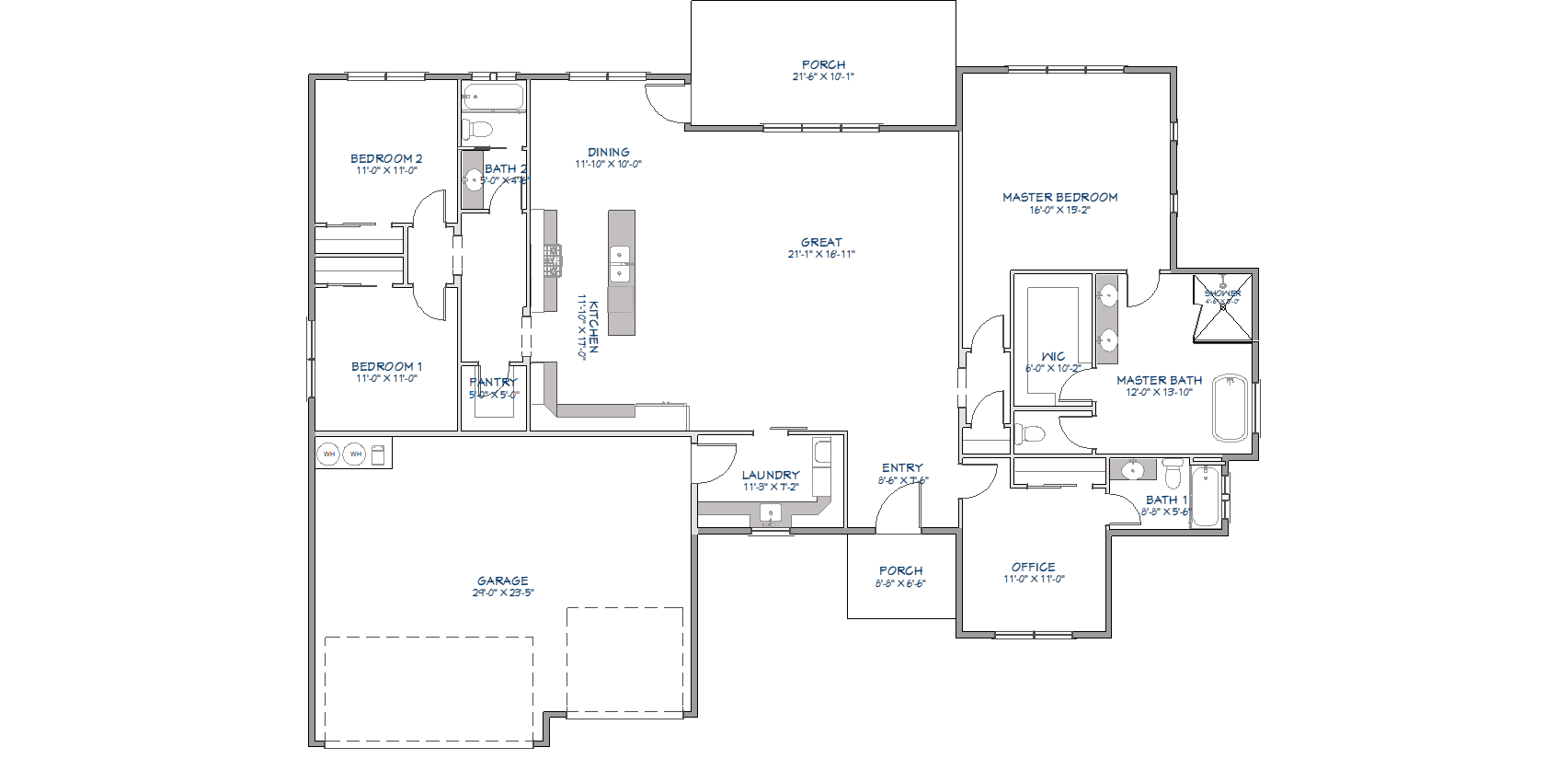 Single story floor plan showing open concept great room, kitchen with pantry, master bedroom suite, 3 additional bedrooms, home office, laundry room, and 3-car garage layout