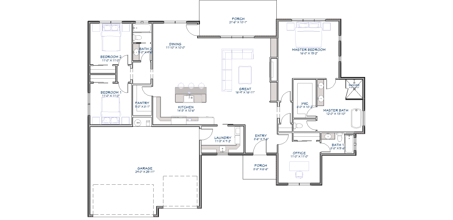 Single story floor plan showing open concept great room, kitchen with pantry, master bedroom suite, 3 additional bedrooms, home office, laundry room, and 3-car garage layout