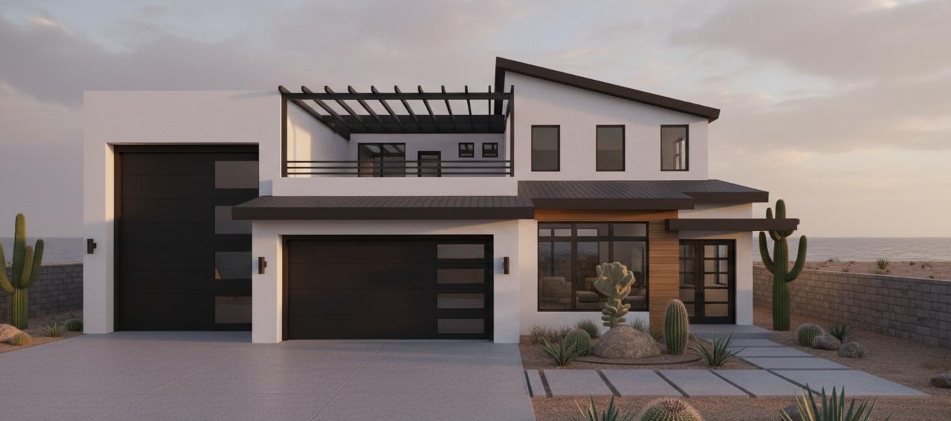 Modern contemporary home exterior with flat roof design, horizontal siding, large windows, covered entry with decorative door, and three-car RV garage with pergola accent
