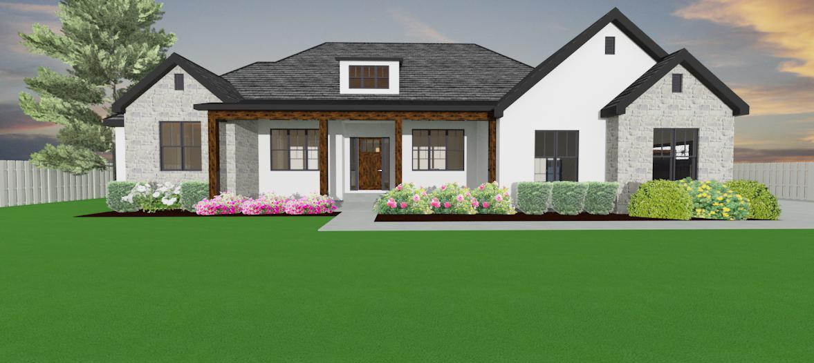 Modern farmhouse home exterior with stone and stucco siding, timber porch columns, gabled roof with dormer window, and covered front entry