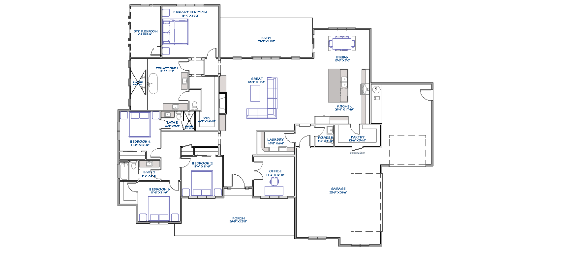 Single story floor plan showing 4 bedrooms, 3.5 bathrooms, open concept great room with kitchen and dining area, office, laundry room, and 3-car garage spanning 2832 square feet