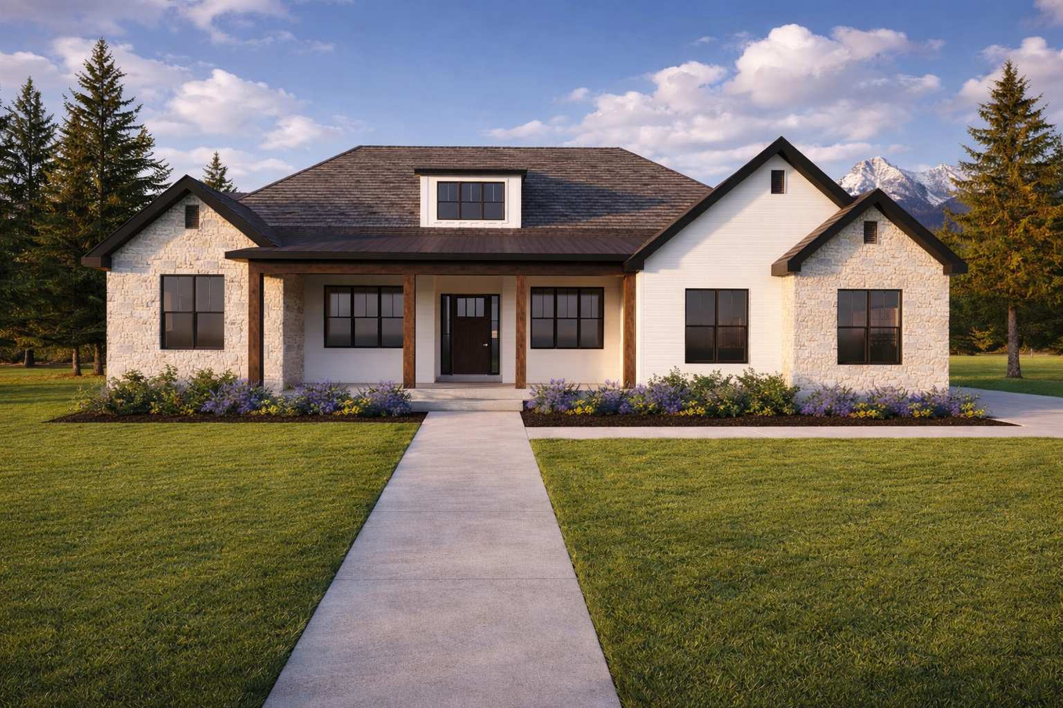 Modern farmhouse home exterior with stone and stucco siding, timber porch columns, gabled roof with dormer window, and covered front entry