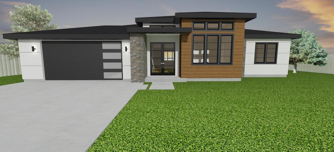 Contemporary single-story home with mixed material facade featuring stone accents, horizontal siding, flat rooflines, and expansive windows showcasing modern architectural design