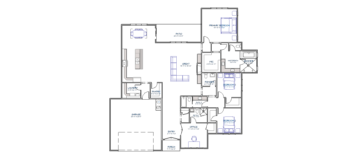 Open concept floor plan with 4 bedrooms, 3.5 bathrooms featuring split bedroom layout, great room, kitchen with island, dining area, office, primary suite with walk-in closet, and covered patio access
