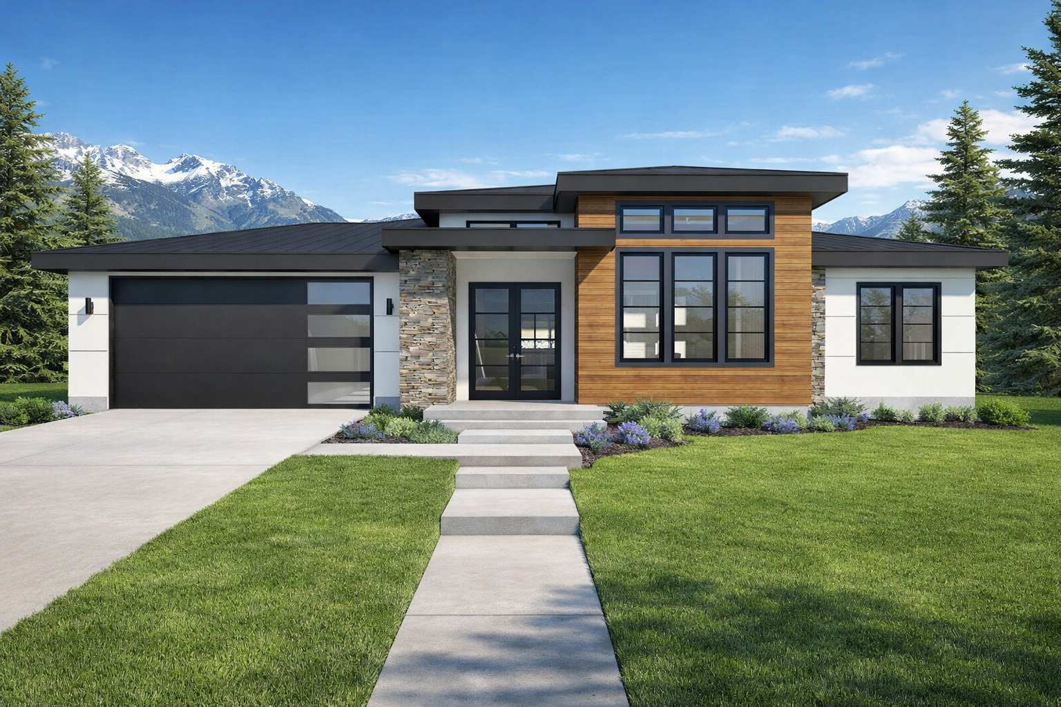 Contemporary single-story home with mixed material facade featuring stone accents, horizontal siding, flat rooflines, and expansive windows showcasing modern architectural design