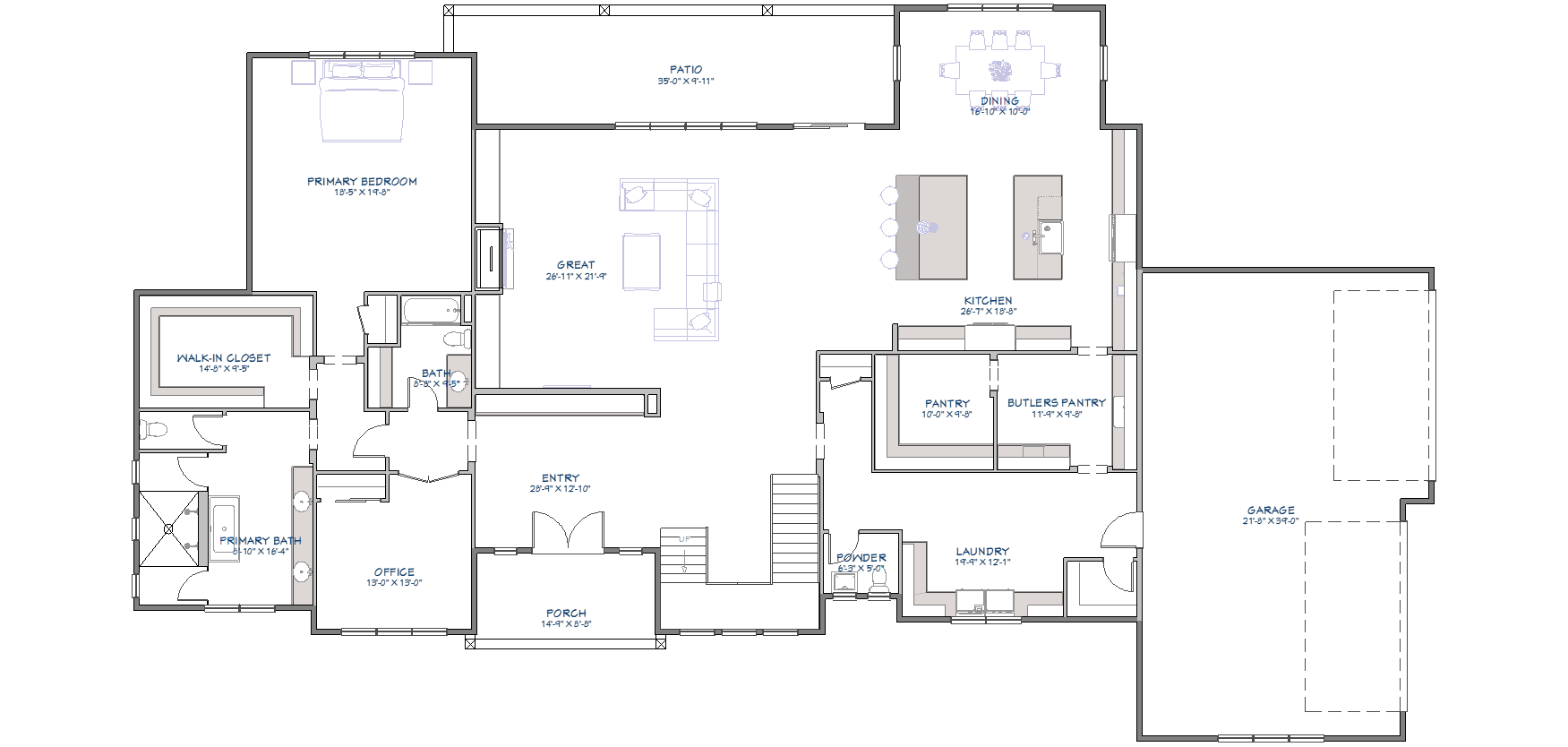 Main floor plan showing open-concept great room, kitchen with butler's pantry, primary bedroom suite with walk-in closet, home office, patio access, laundry room, and 4-car garage