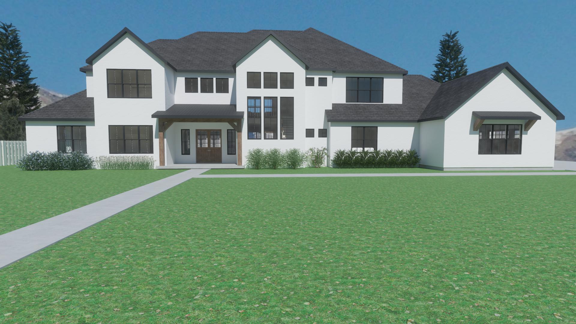 Two-story modern farmhouse home plan featuring multiple gabled rooflines, expansive windows, covered front porch entry, and attached 4-car garage