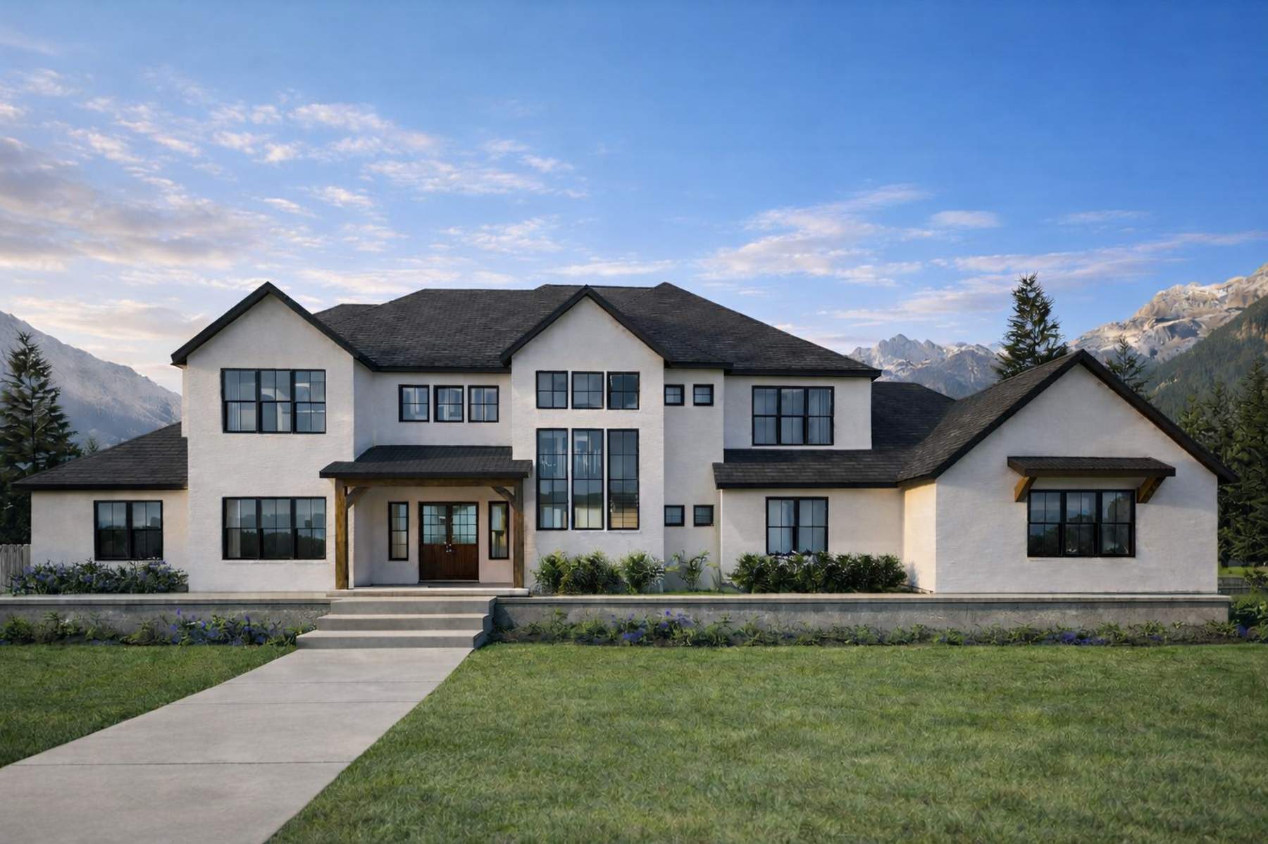 Two-story modern farmhouse home plan featuring multiple gabled rooflines, expansive windows, covered front porch entry, and attached 4-car garage