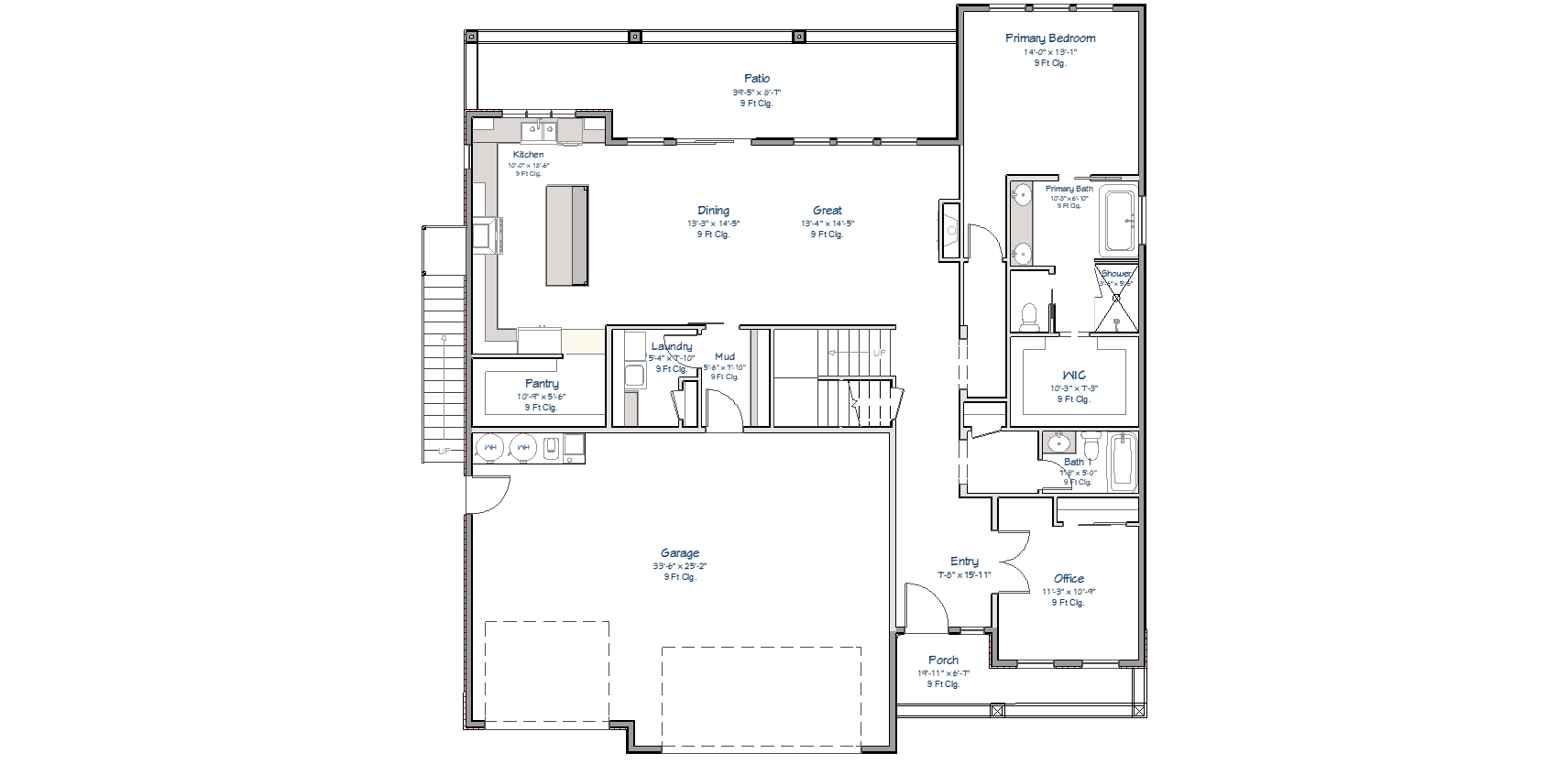 Main floor architectural plan showing open-concept great room and dining, gourmet kitchen with island, primary bedroom suite, home office, and three-car garage
