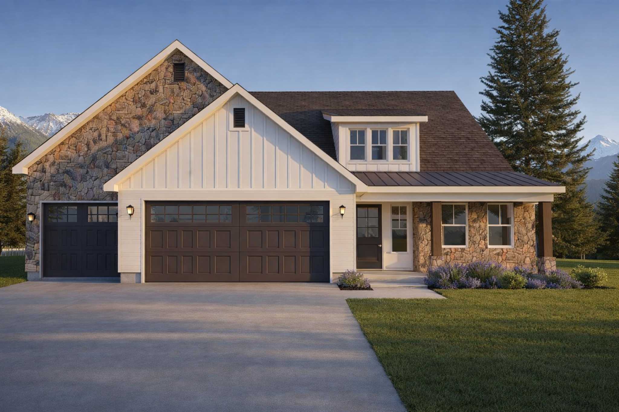 Modern traditional two-story home plan featuring stone gables, covered entry porch, three-car garage, dormer window, and mixed exterior materials