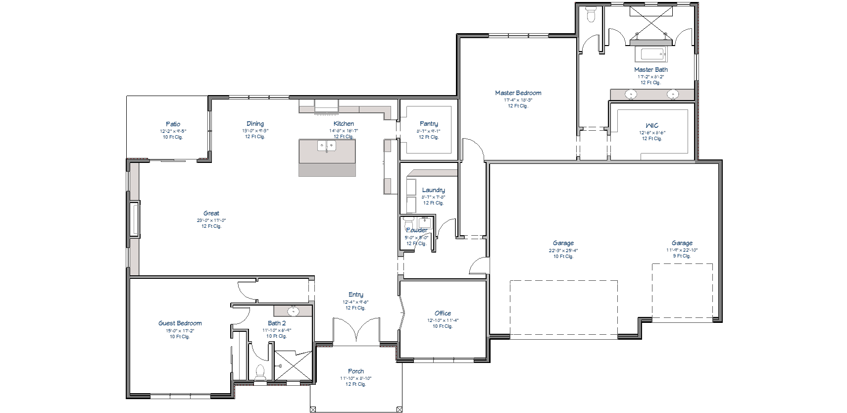 Main floor plan of 2,812 sq ft single-story Pueblo Adobe home showing open-concept great room, kitchen with island, dining, pantry, master suite with walk-in closet, guest bedroom, office, laundry, and 3-car garage