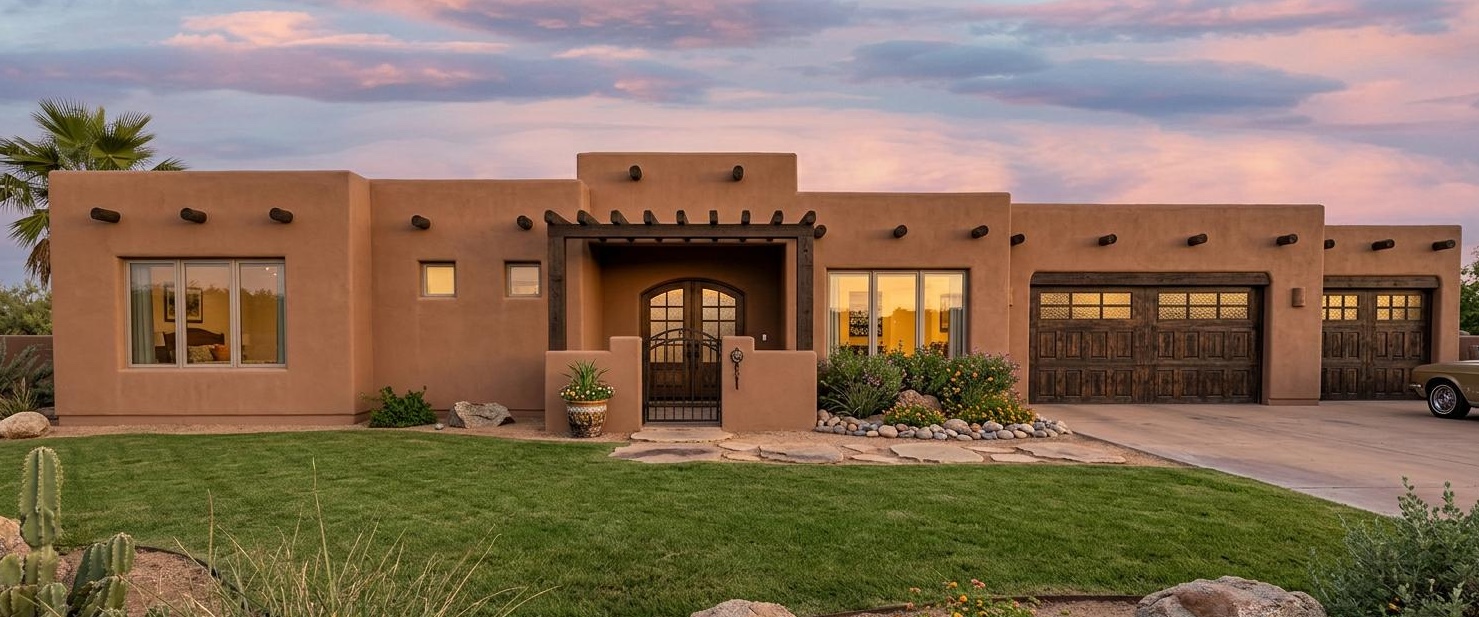 Front elevation rendering of single-story Pueblo Adobe home featuring flat roof, decorative vigas, arched iron entry gate, wood pergola, large sliding windows, wood shutters, and 3-car garage — OchoWorks Designs custom home plan