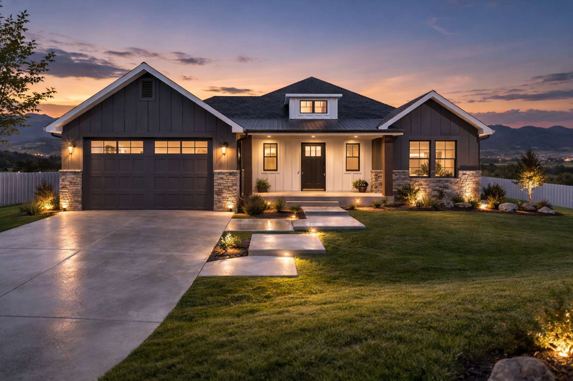 Single-story modern farmhouse exterior with board-and-batten siding, stone accents, dormer detail, covered front entry porch, large windows, and attached 2-car garage with carriage-style doors.
