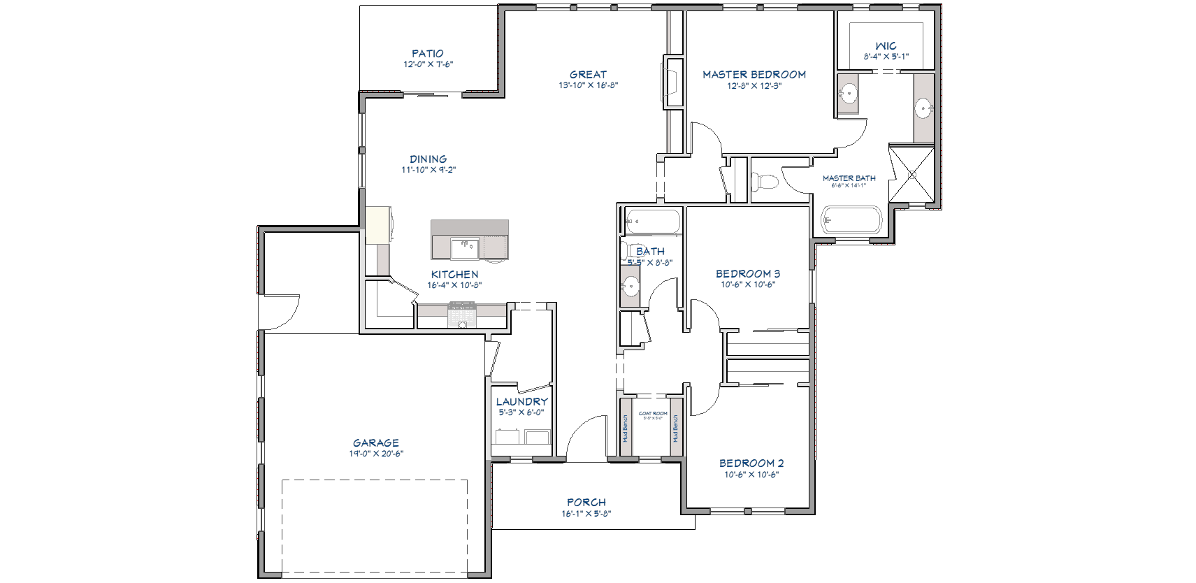 Single-story floor plan with open great room, dining, and kitchen layout; split master suite with walk-in closet and master bath; two additional bedrooms; shared bath; laundry room; covered front porch and rear patio; 2-car garage.