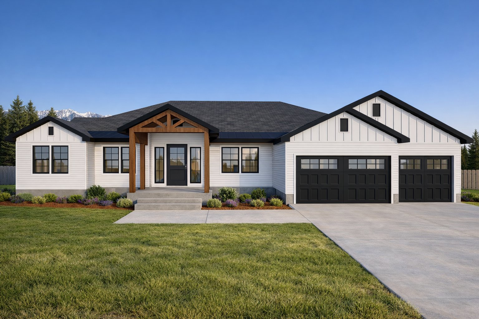 Modern Farmhouse single-story exterior featuring board-and-batten siding, exposed wood gable entry, large windows, covered front porch, and 3-car garage. Custom ranch home plan by OchoWorks Designs.