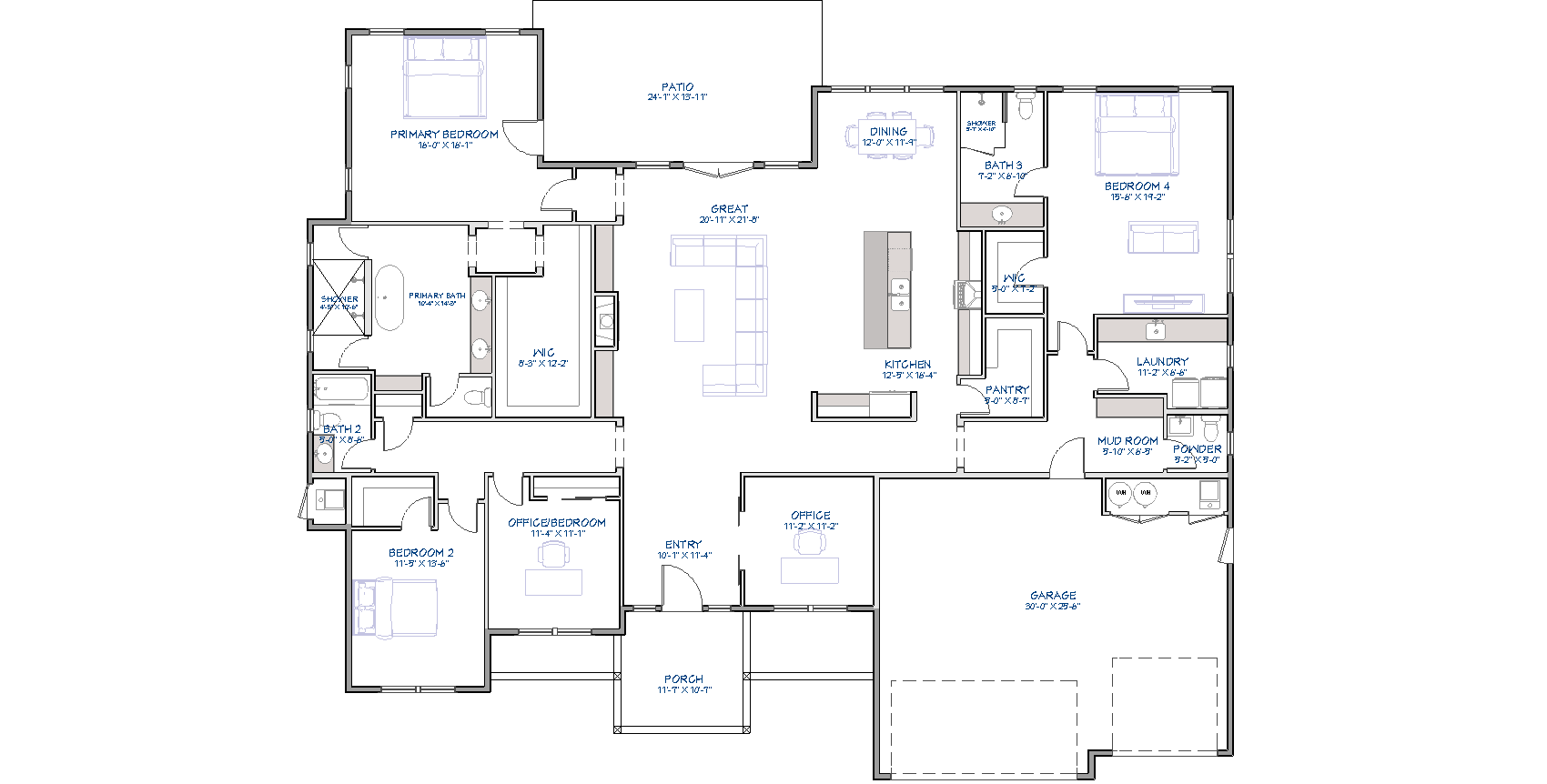 Single-story Modern Farmhouse floor plan: primary suite with spa bath and walk-in closet, 3 additional bedrooms, open great room, kitchen with pantry, dining area, dual offices, mud room, laundry, covered porch, patio, and 3-car garage — 3,236 sq ft.